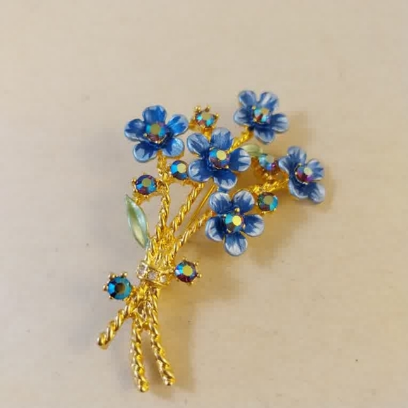Vintage Gold-Tone Blue Enamel Forget-me-not Bouquet Brooch - Picture 2 of 9